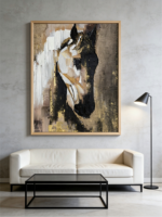 Design d'art moderne cheval abstrait peint à la main sur toile, tableau à l'huile encadré texturé feuille d'or pour salon