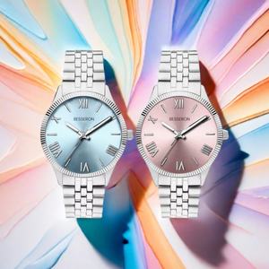 Montre-bracelet analogique de luxe personnalisée avec logo pour hommes et femmes, argentée et rose, avec bracelet en cuir et cadran en verre de 40 mm, style tendance - Product Image 5