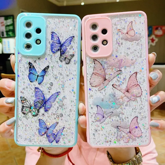 Glitter Epoxy Butterfly Phone Case Covers For Samsung Galaxy A03s A12 A22 S22