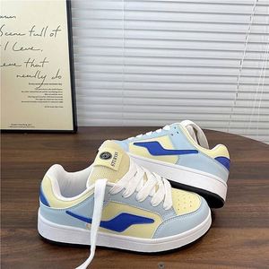 Trendy Hong Kong Style Women Bread Shoes, Blue Yellow Lightning Color <b>Block</b> Vibe, Letter Print Thick Sole Campus Skate - Product Image 2