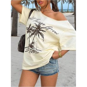FOXA Camiseta con hombros descubiertos para mujer, cuello asimétrico, manga corta, algodón, estampado de letras, top de vacaciones - Product Image 4