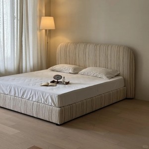 <span class=keywords><strong>Lit</strong></span> plateforme moderne minimaliste avec tête de <span class=keywords><strong>lit</strong></span> haute et revêtement en tissu rayé pour chambre à coucher - Product Image 2
