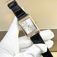 Montre-bracelet à remontage manuel réversible ultra-fine, boîtier en or rose, bracelet en cuir grain croco noir, cadran argenté soleil, petite seconde