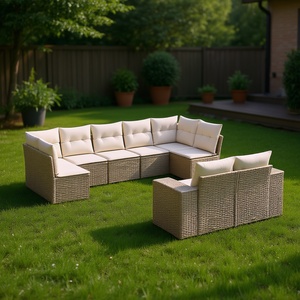 Ensemble de canapés de jardin en rotin beige, 9 pièces, mobilier d'extérieur, design contemporain, sièges confortables - Product Image 2