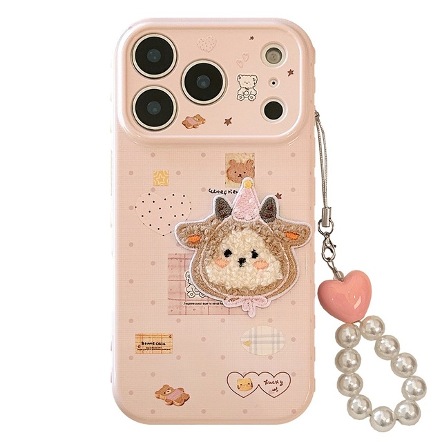 For iPhone 17 16 15 14 13 12 11 Pro Max Cute 3D Plush Sheep Sticker Pearl Pendant TPU Mobile Phone Protective Case