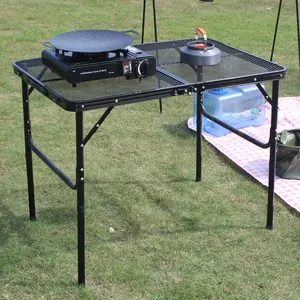 Mesa de Parrilla portátil ajustable en altura, mesa de picnic para acampar al aire libre, acero negro