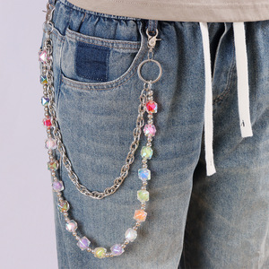 โซ่คาดเอวสองชั้นประดับลูกปัดหลากสี โลหะผสมสังกะสี รูปทรงเรขาคณิต สำหรับผู้ชาย สไตล์ฮิปฮอป ใช้กับกางเกงยีนส์ - Product Image 2