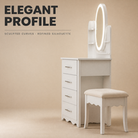 Ensemble coiffeuse de chambre moderne en bois de luxe léger avec miroir LED, 4 tiroirs, étagère latérale et tabouret – Finitions personnalisées – Fabrication usine de meubles