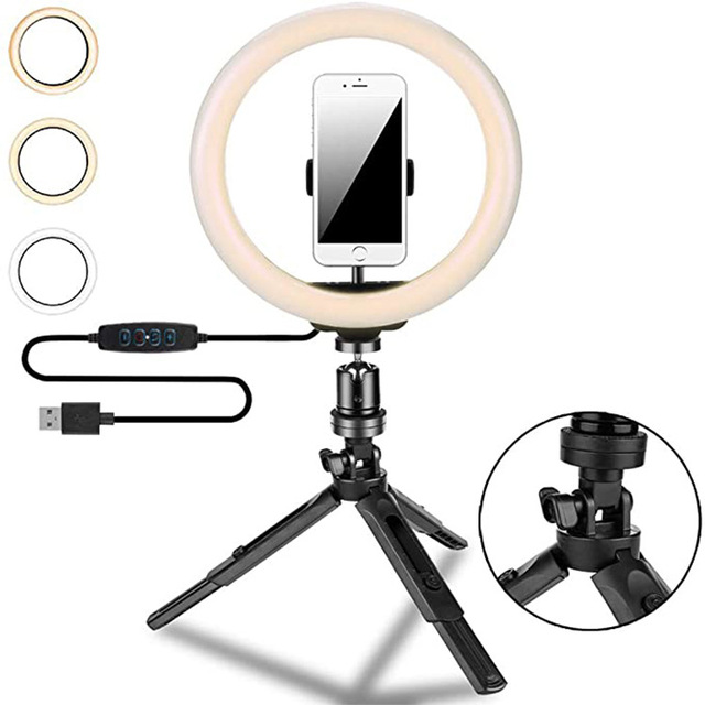 26cm Mini Desktop LED Ring Light with Mobile Phone Holder Selfie Fill Live Broadcast Camera Dashboard Mounting Type