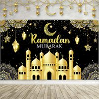 Décor de fête islamique Ramadan Kareem Eid Mubarak en polyester noir et or avec mosquée, lanterne, lune et étoile, design personnalisé