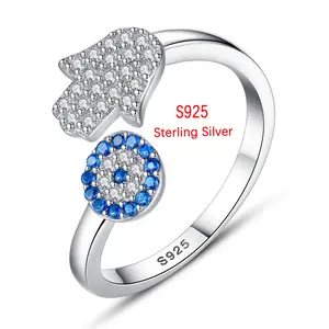 Evil E Ye Blue Eye Hamsa Hand Fatima Hand Verstelbare Vrouwelijke Ring S925 Sterling Zilver Strass Open Maat Ring Bruiloft Sieraden