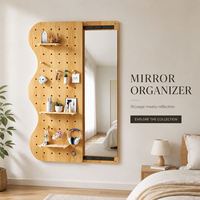 Miroir mural pleine longueur avec étagères organisatrices en panneau perforé, crochets et rangement en bois pour chambre, dortoir, entrée, ou espace de dressing