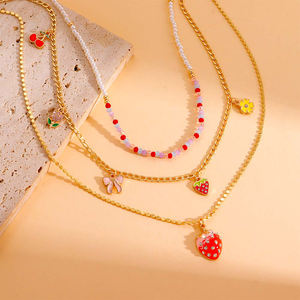 Collar de cadena de oro <span class=keywords><strong>en</strong></span> capas con cuentas coloridas personalizadas con amuleto de cereza fresa <span class=keywords><strong>para</strong></span> amantes collar de moda <span class=keywords><strong>para</strong></span> parejas - Product Image 1