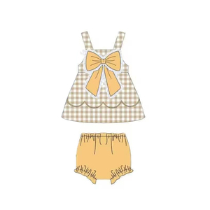 GBO0514 Ensemble de vêtements pour fillette personnalisé sans MOQ, motif écossais rose, nœuds, sans manches, culottes courtes, vente en gros pour enfants - Product Image 4