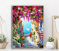 Peinture par numéros pour adultes : Maison de plage européenne avec paysages fleuris, peinture à l'huile numérique sur toile acrylique