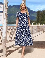 Robe longue tropicale à fleurs pour femmes à manches courtes, idéale pour les vacances à la plage au quotidien. Fabriqué en tissu climatisé.