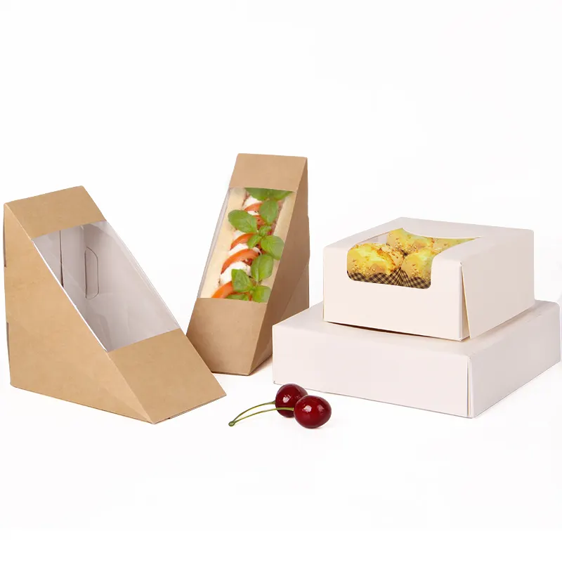 Caja de sándwich de Papel kraft con ventana, caja de sándwich triangular para embalaje