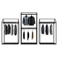 Porte-vêtements moderne sur pied en acier inoxydable et MDF plaqué, avec étagères amovibles à niveaux, montage facile, personnalisable pour magasin de détail