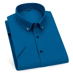 Nouveauté : Chemises habillées décontractées respirantes pour hommes, chemise élégante à manches courtes de couleur unie, élastique, pour l'été - Product Image 1