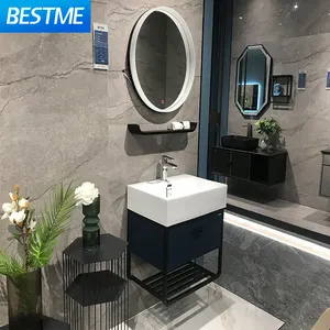Modern cabinet with One-piece ceramic basin and mirror with LED Navy blue style concise design bathroom hotel wash basin cabinet