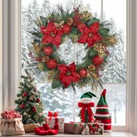 Karangan Bunga Natal Buatan Tangan dari Daun Pinus Merah dan Hijau Grosir dari Cina untuk Dekorasi Pintu Depan Ornamen Natal