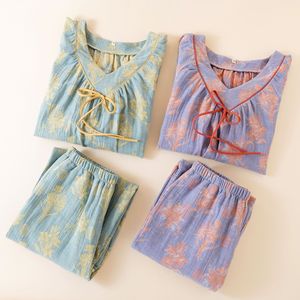 Nuovo <span class=keywords><strong>Pigiama</strong></span> in Cotone a Doppio Strato con Maniche 3/4 in Stile Nazionale per Donne, Set Primaverile/Estivo <span class=keywords><strong>Leggero</strong></span> con Pantaloni Lunghi - Product Image 3