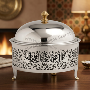 Casserole orientale en acier inoxydable avec design calligraphique arabe, récipient isotherme rond pour aliments, finition polie - Product Image 2