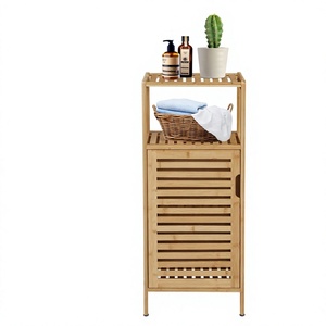 Meuble de rangement autoportant en bambou à porte simple avec étagère à lattes pour salle de bain, chambre et salon - Product Image 3