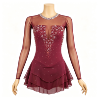 Robe de patinage artistique bordeaux à manches longues en maille, ornée de strass faits à la main, dos ouvert, pour filles adultes, compétition et spectacle sur glace
