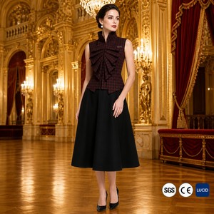 Conjunto <span class=keywords><strong>de</strong></span> Dos Piezas para <span class=keywords><strong>Mujer</strong></span>, Falda Línea A con Cuello Alto y Pliegues Dramáticos, Diseño Houndstooth <span class=keywords><strong>de</strong></span> 260GSM, Tallas XS-5XL, Formal, OEM - Product Image 4