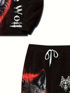 Completo Casual da Uomo con Felpa con Cappuccio e Pantaloni Jogger, Stampa <span class=keywords><strong>Lupo</strong></span> Bianco e <span class=keywords><strong>Nero</strong></span>, 100% Poliestere Traspirante, Vestibilità Regolare Leggermente Elasticizzata - Product Image 5