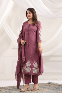 Women Cotton Silk <b>Sequins</b> Embroidered Straight Kurti <b>Pant</b> Dupatta Set | Round-Neck | 3/4 Sleeves | Traditional Ethnic Wear - Product Image 5