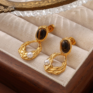 Pendientes de Oro con Ojo de Tigre, Diseño Irregular, Engaste de Bisel, para Uso Diario - Product Image 1