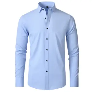 Camisa de manga larga para hombre, camisa de negocios elástica de alta calidad, sin planchar, manga corta