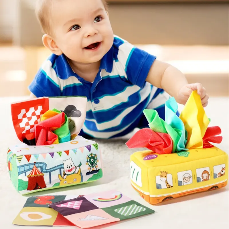YUWEI OEM y ODM Montessori niño educativo temprano sensorial suave extraíble bufanda caja de pañuelos juguetes para bebés 0-12 meses