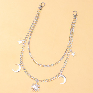 Chaîne de taille Yueli en métal avec pendentifs lune, soleil et étoile, style Hip Hop Punk, pour jeans, unisexe, en alliage de zinc, usage quotidien, double anneau, blanc K - Product Image 2