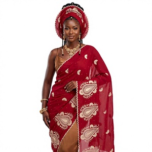 Wholesale Embroidered Chiffon <b>Shawl</b> Cream Teardrop Mango Motif Floral Scalloped Border <b>Women</b> Party Wear Scarf OEM ODM Custom - Product Image 1
