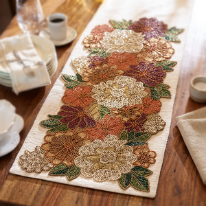 Embroidered Floral Table <b>Runner</b> Cotton Rustic Home Decor Beaded Pattern <b>Washable</b> - Product Image 1