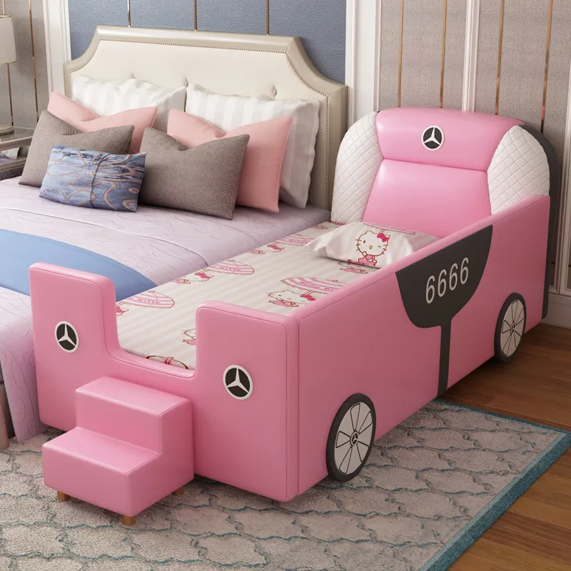 Kinderkamer Houten Meubels Moderne Enkele Lederen Roze Kinderen Auto Bed Meisje Kind Bed