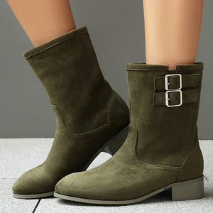 Bottines à talons carrés bas pour femme, grande taille 48, bout rond, avec boucles sur le dessus, coupe large, en daim - Product Image 1