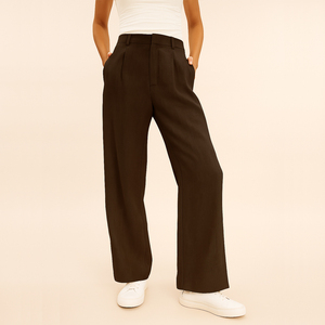 Pantalons droits décontractés d'été <span class=keywords><strong>en</strong></span> gros, OEM, personnalisés, avec crochet et barre, pantalon <span class=keywords><strong>en</strong></span> <span class=keywords><strong>lin</strong></span> plissé décontracté pour femmes - Product Image 1