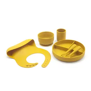 manufacturer low price silicon baby hot selling yellow tablewares cup bowl plate spoon fork placemat food saving silicone