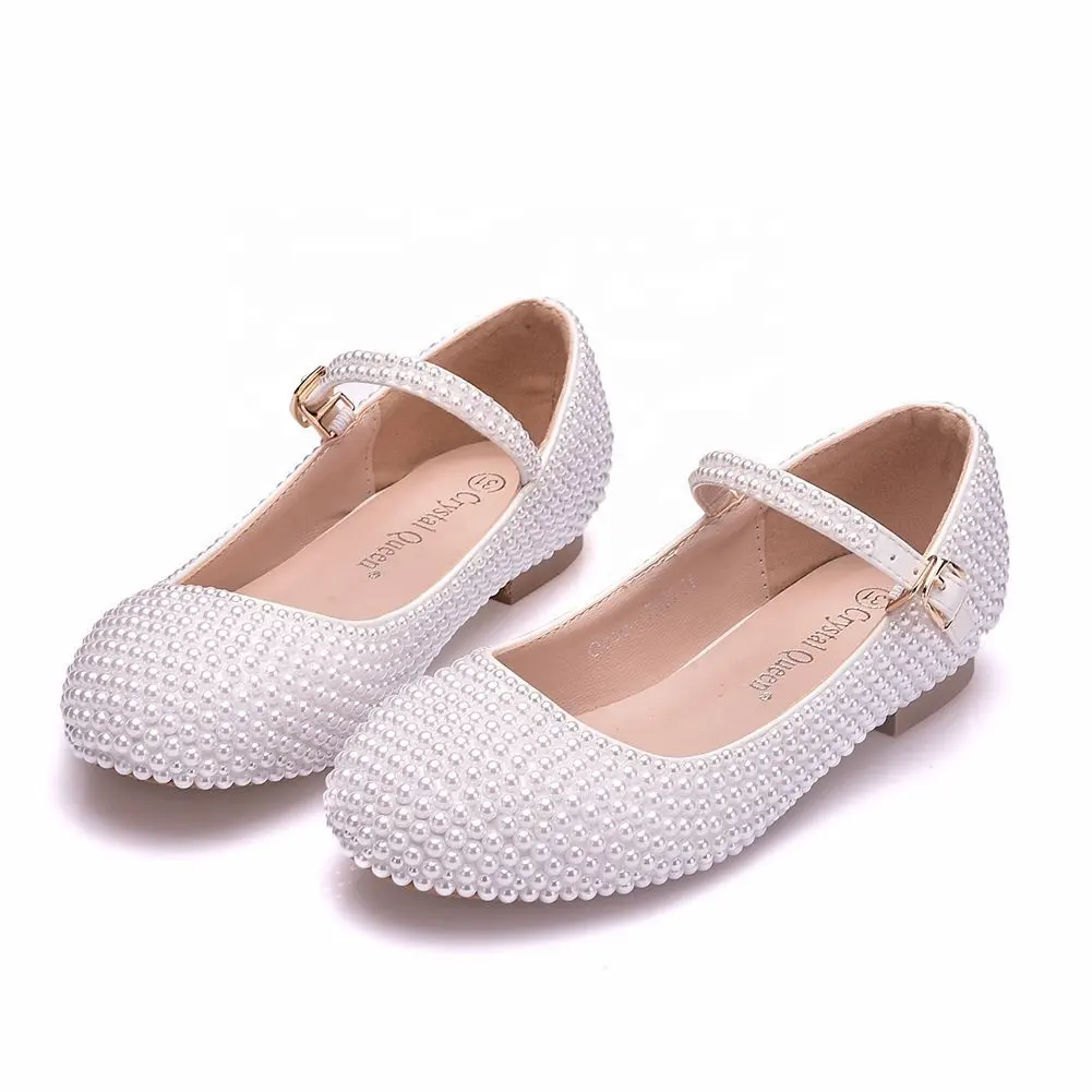 Ragazze bianche feste matrimonio fiori ragazze scarpe per bambini pieno perle sandali estivi per bambini scarpe basse