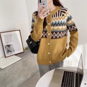 Vintage Jacquard Crewneck Sweater Women's Cardigan Spring and Autumn New Loose Ethnic Style Sweater Coat Women's <strong>Top</strong> - Product Image 2