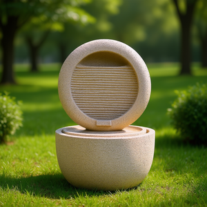 Fontaine d'eau ronde en ciment 21,7x21,7x34,3 pouces avec éclairage, design contemporain pour extérieur - Product Image 2