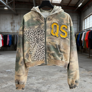 Felpa con Cappuccio e Zip in French Terry per Uomo, Stile <span class=keywords><strong>Vintage</strong></span> <span class=keywords><strong>Oversize</strong></span>, Stampa Personalizzata Leopardata o Mimetica, Effetto Lavaggio Acido e Usurato - Product Image 1