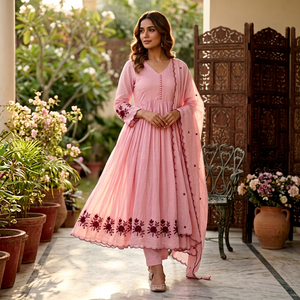 Designer Embroidery And Sequence Pipe Work Mul Chanderi <b>Gown</b> With Bottom And Dupatta Fully Stitched Ready To Wear Set - Product Image 1