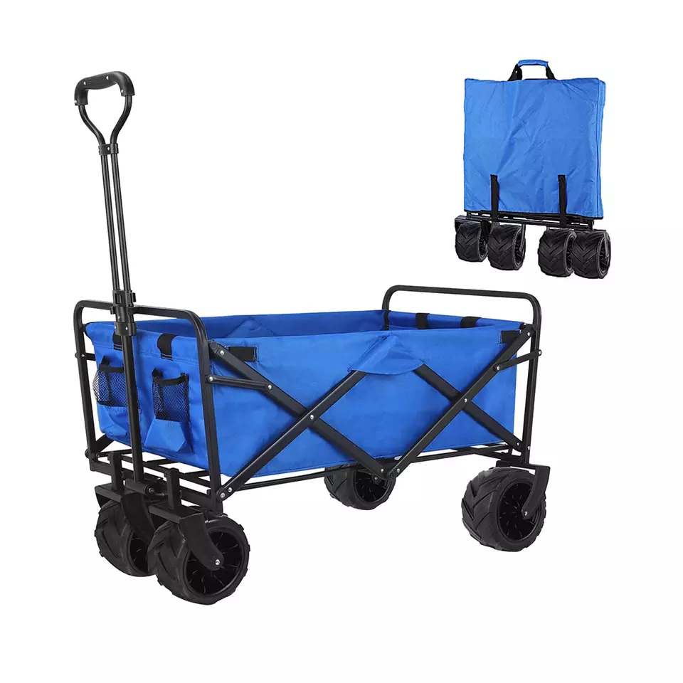 Chariot de Jardin Pliable Charrette à Main à Roulettes Bleu+Noir Capacit