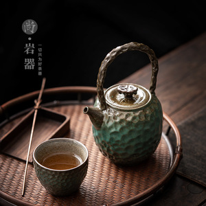 Teapot <b>Ceramic</b> Bluestone Glaze Hammered Pattern With Lid Filter Kung Fu <b>Tea</b> <b>Pot</b> Round Shape Household Use - Product Image 3