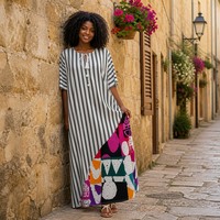 Robe longue africaine grande taille ample à boutons et col en V en coton pour femme, style Boubou, imprimé numérique, style Dashiki, robe de plage d'été – Vente en gros